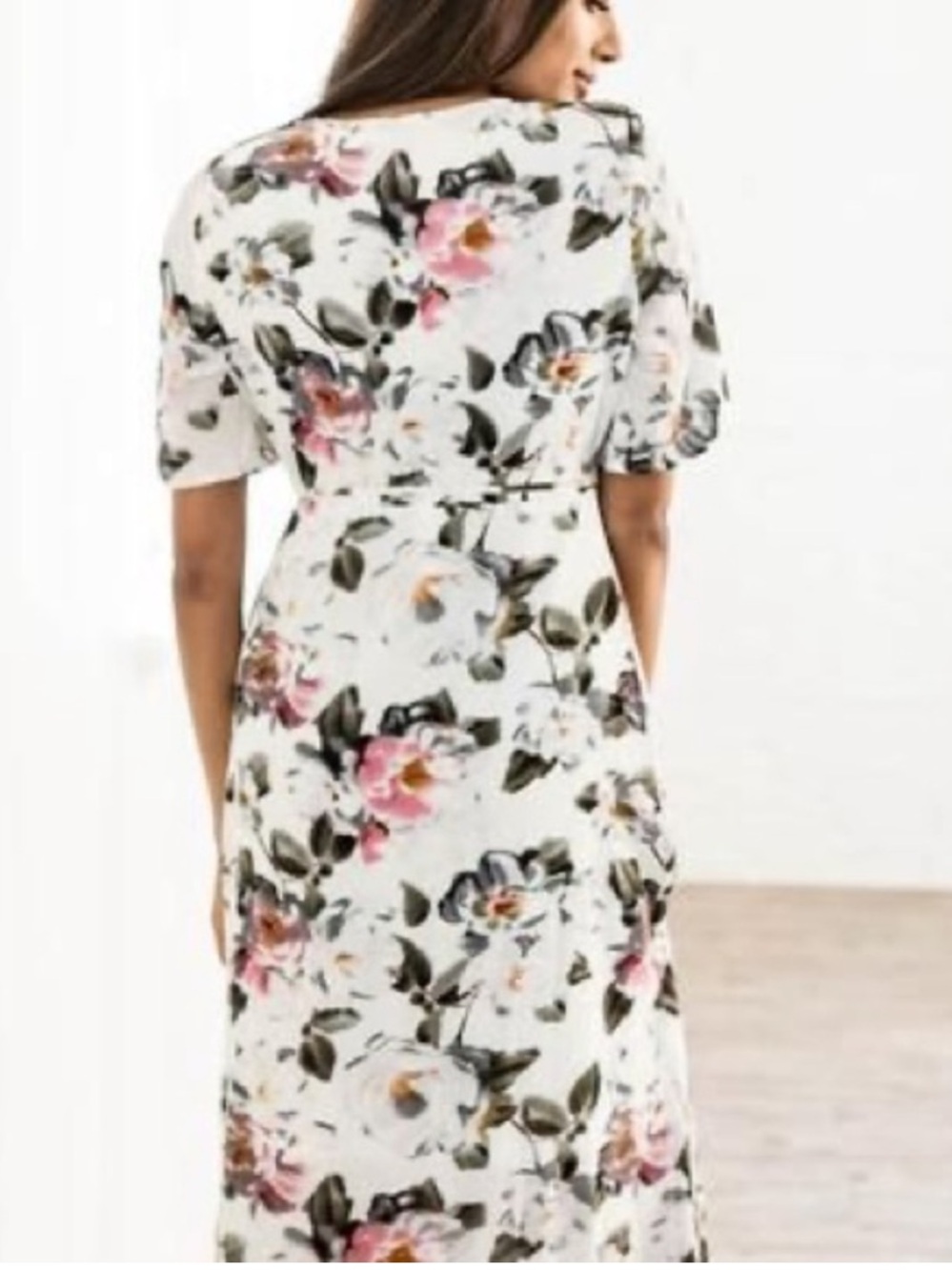 EUC Baltic Born White Pink Floral Wrap Midi Dress with Flutter Sleeves - Picture 2 of 11